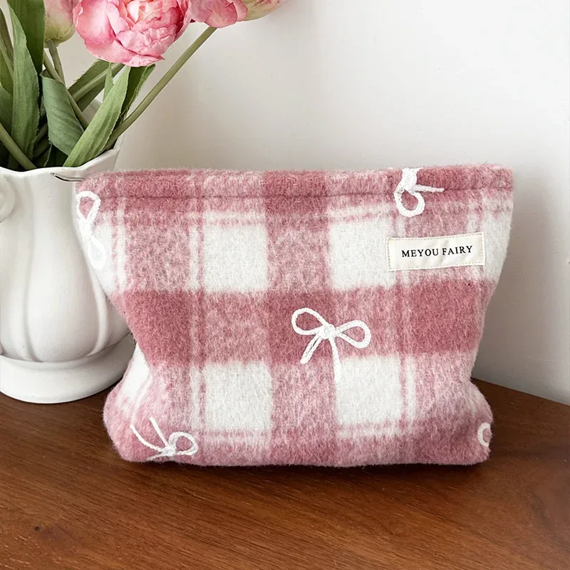 sac de maquillage à carreaux doux pour la saint-valentin, nouvel an, organisateur d'arc en tweed, trousse de toilette de grande capacité, pochette de transport à main portable