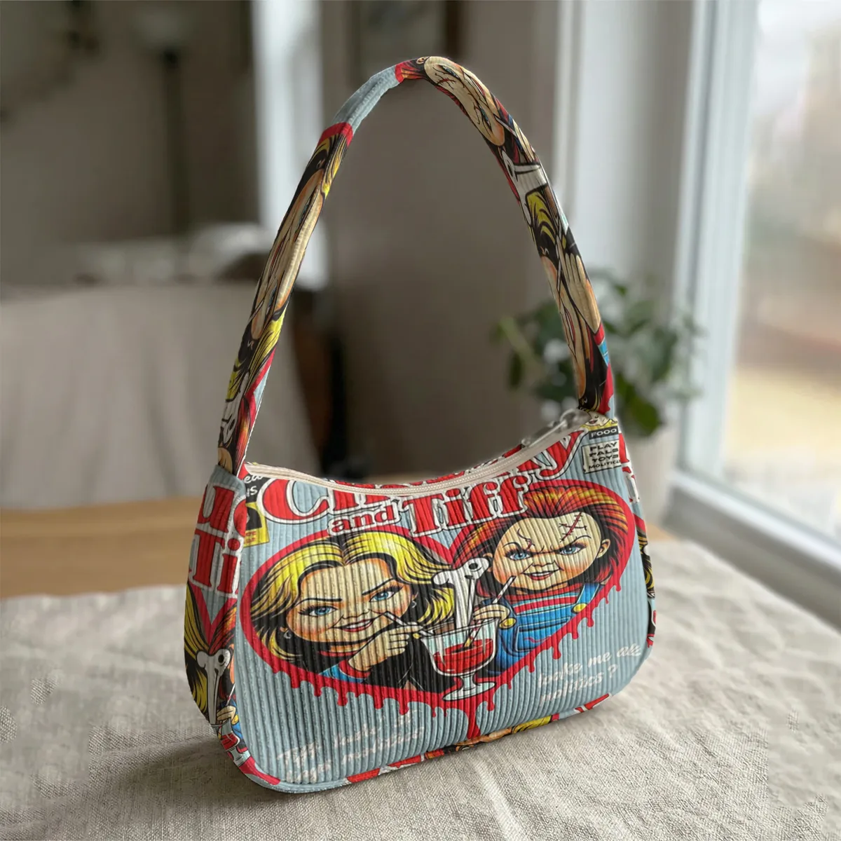 sac à bandoulière tendance imprimé chucky & tiffany, sac sous le bras en velours côtelé pour un usage quotidien décontracté