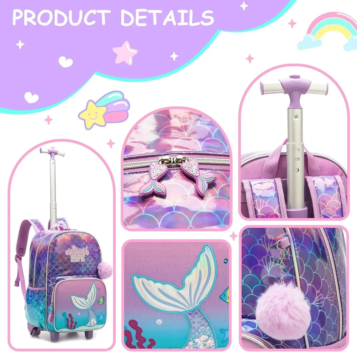 sac dos polyester dessin animé rose bleu queue sirène poissons ordinateur compartiments roues silencieuses école enfants