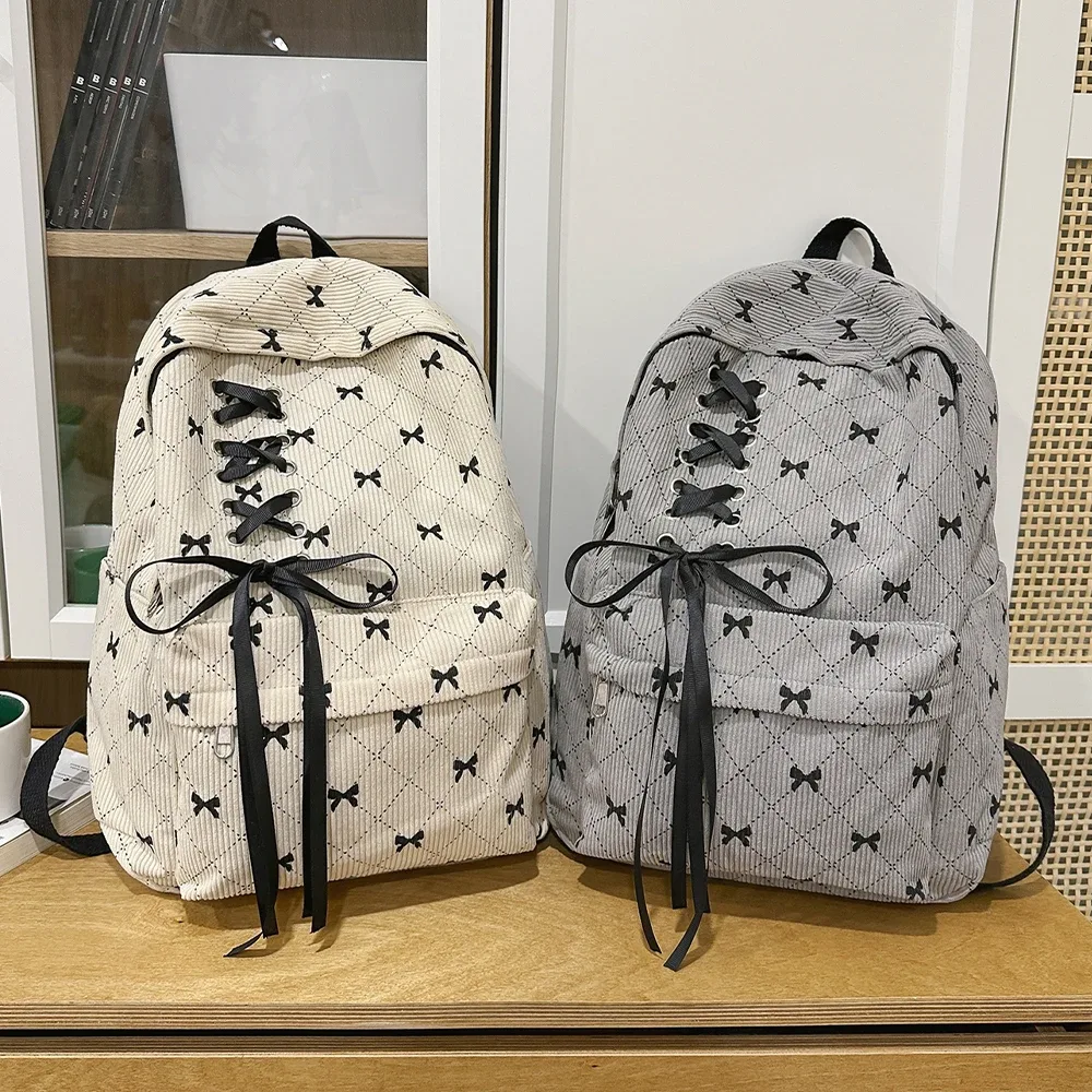 sac à dos de loisirs en velours côtelé avec nœud, grande capacité, style universitaire, pour le printemps et l'été, idéal pour les trajets quotidiens