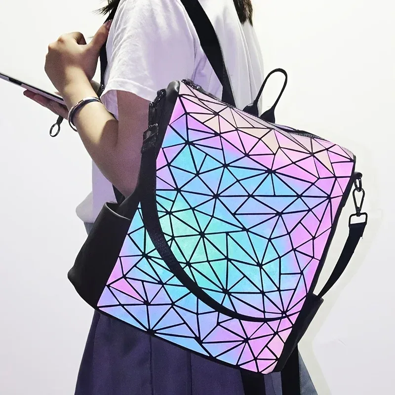 sac à dos lumineux tendance pour femmes, en pvc holographique, géométrique, pour adolescentes, sac de voyage mochila feminina