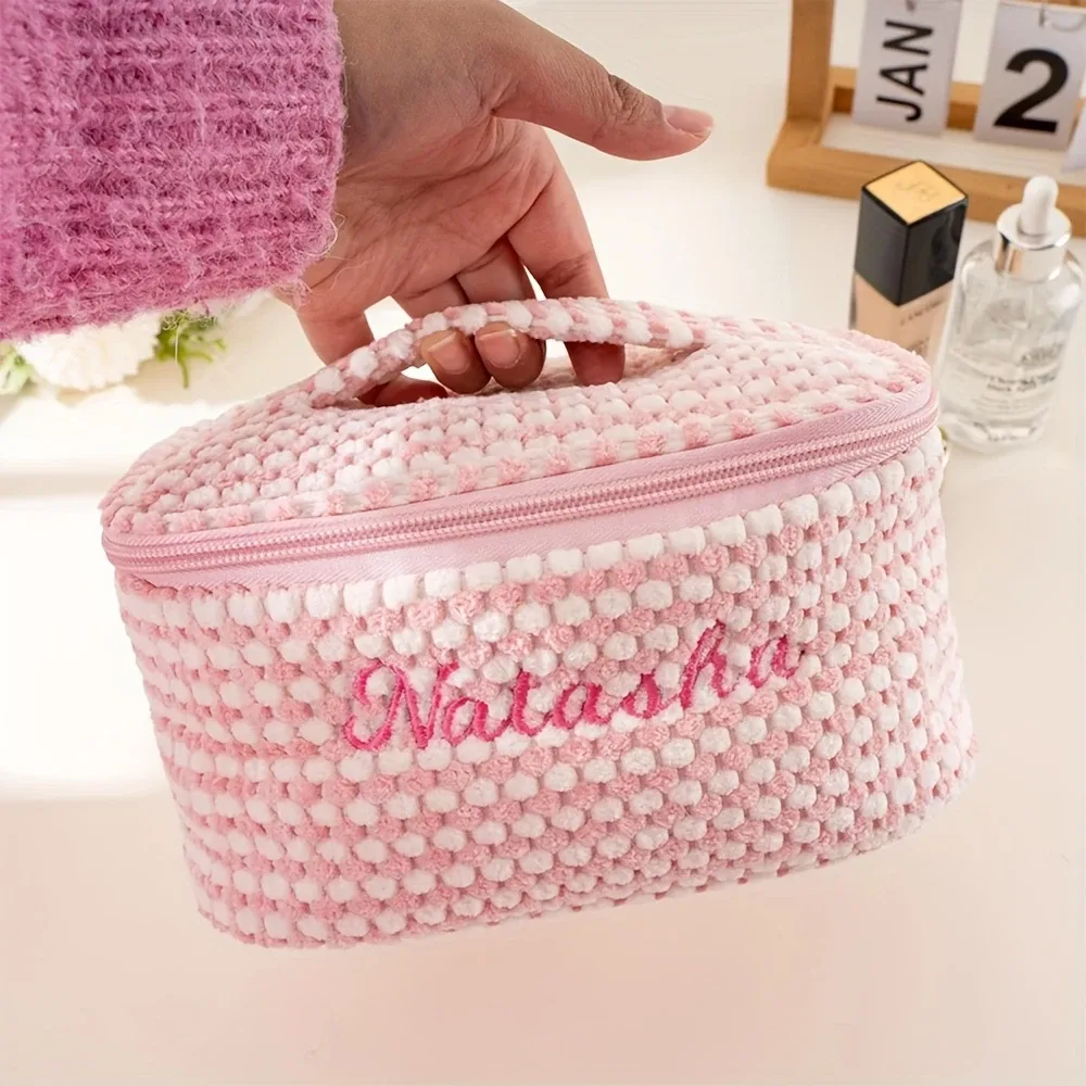 sac de maquillage en tissu doux avec broderie personnalisée, organiseur de cosmétiques de voyage personnalisé avec poche en filet pour pinceaux de maquillage