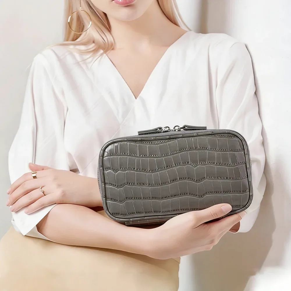 pochette de maquillage en cuir véritable à motif crocodile, grande capacité, portable, pour voyage, organiseur de toilette, sac à main, pochette cosmétique de luxe