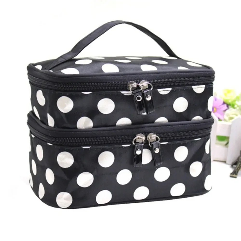 nouvelle trousse de maquillage double couche grande capacité, portable, à pois, pour voyage, organiseur de toilette