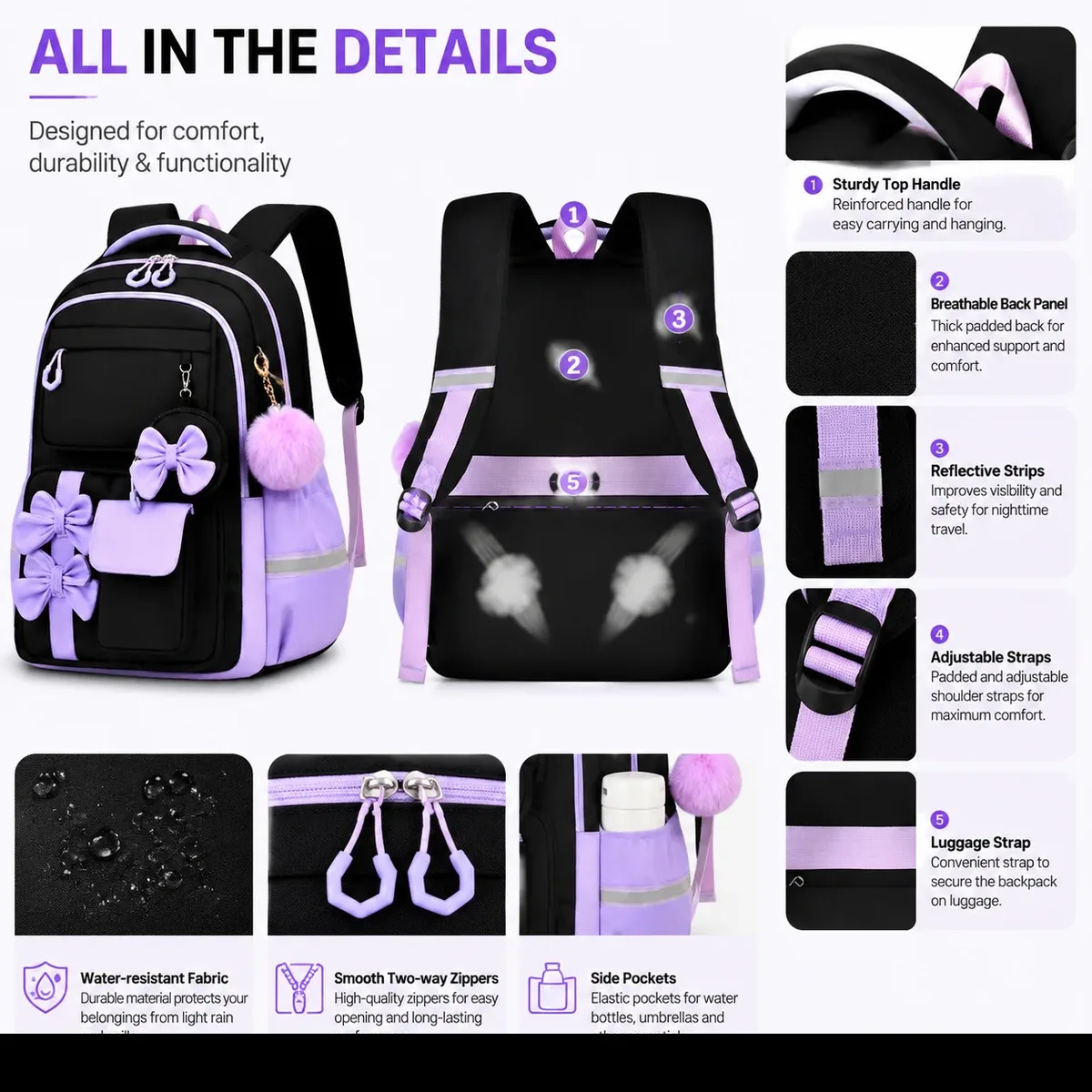 sac à dos tendance pour filles, ensemble de 3 pièces, sac à dos d'école mignon avec sac à lunch et trousse à crayons, sac à livres pour élèves du primaire et du collège