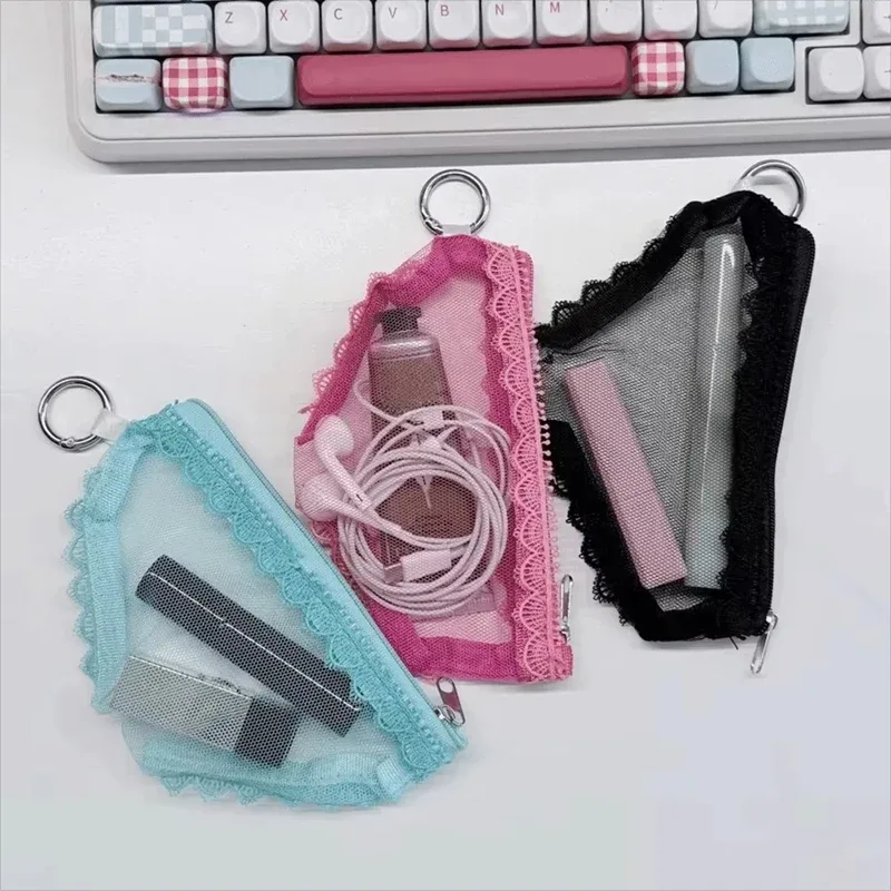 pochette de maquillage transparente en dentelle et maille à imprimé cœur coquette, en forme de culotte, mini sac de voyage portable, pochette de rangement pour maquillage, portefeuille.