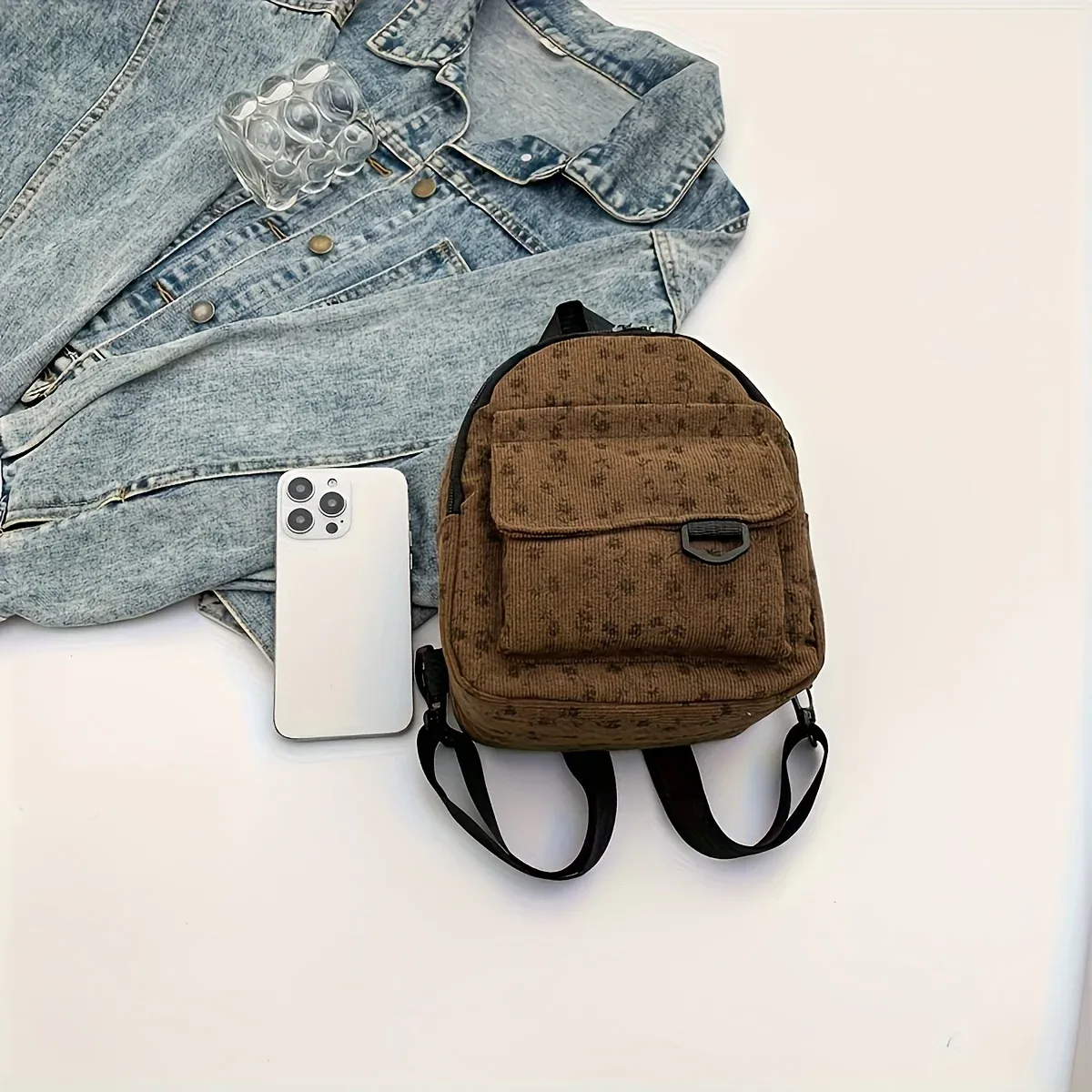 mini sac à dos pour femme avec motif floral marron et ruban en satin couleur café, bretelles réglables et fermeture à glissière – sac à main léger en polyester, adapté aux voyages