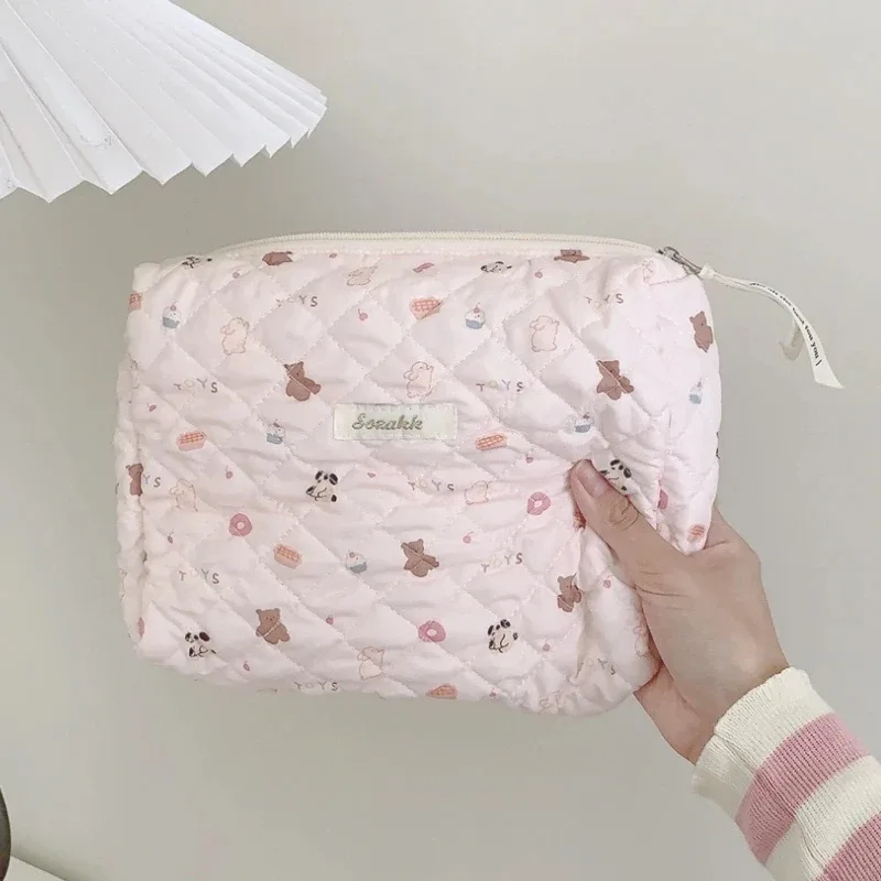sac de rangement de voyage en coton matelassé pour femmes, sacs à cosmétiques rétro cerise, design mignon, trousse à crayons pour filles, trousse de maquillage, sacs à main