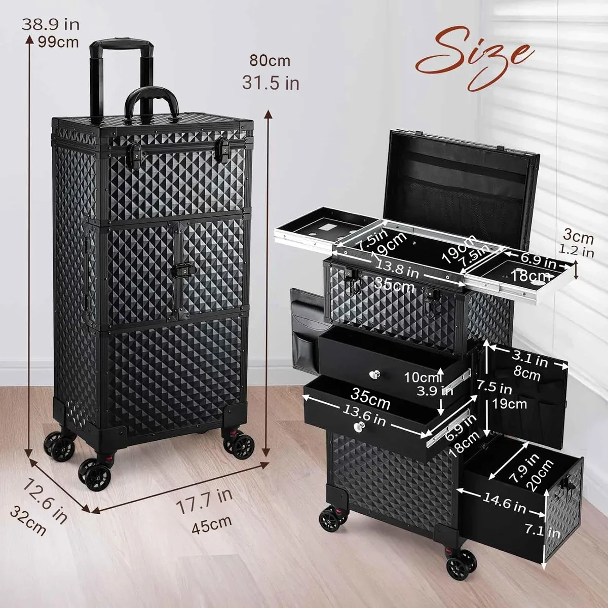 mallette de maquillage roulante, chariot de cosmétologie professionnel, verrouillage sur roulettes pour barbier et artistes de maquillage avec support pour sèche-cheveux