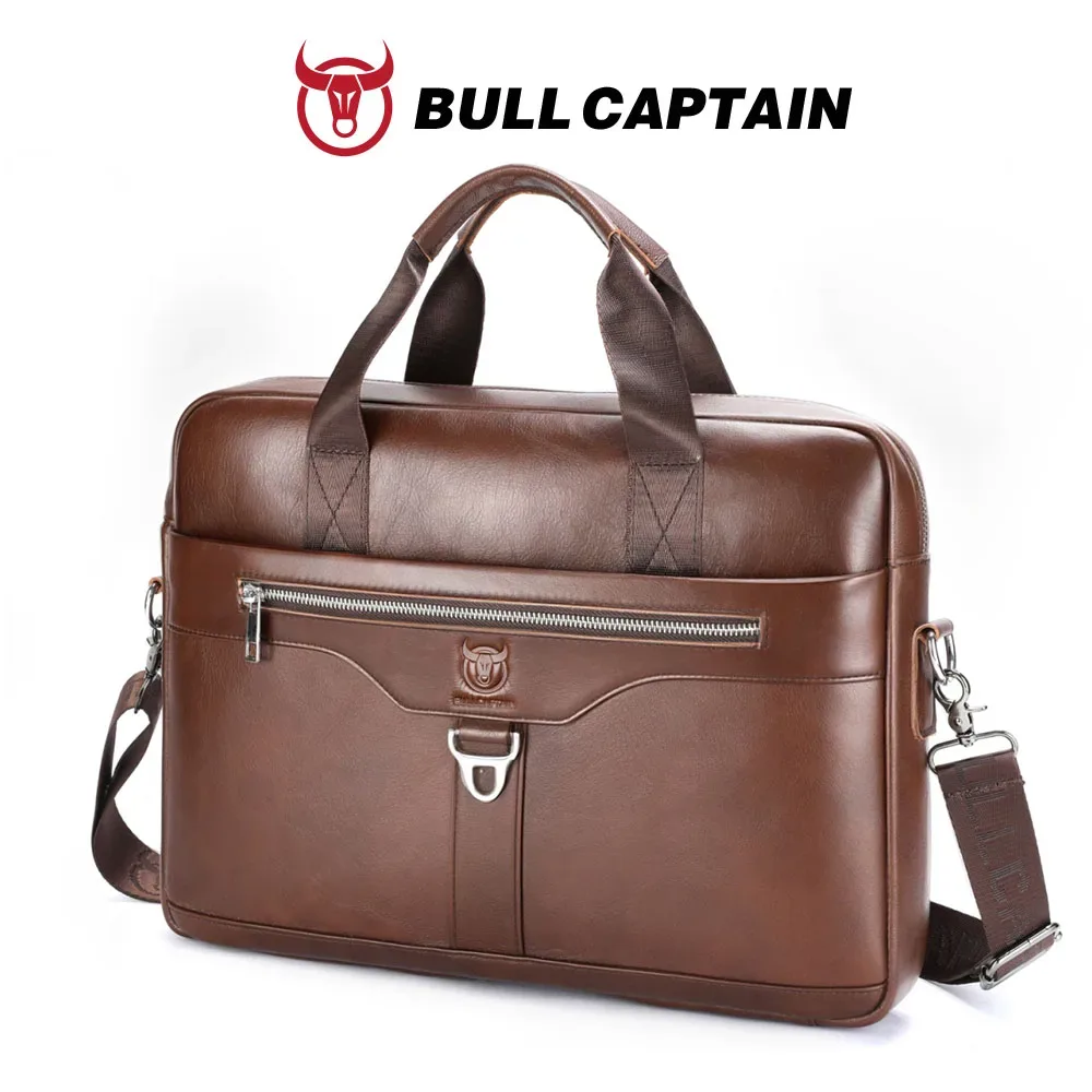 porte documents cuir verte bull cowhide polyester intérieur informatique fermeture éclair bandoulière détachable marron noir voyage travail