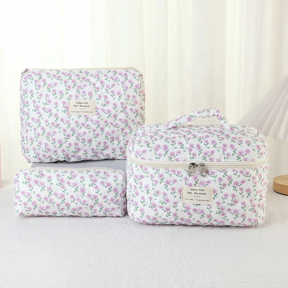 trousse de maquillage à imprimé floral de grande capacité, sac de rangement de cosmétiques de voyage portable, sac de style urbain simple avec doublure en polyester pour femmes