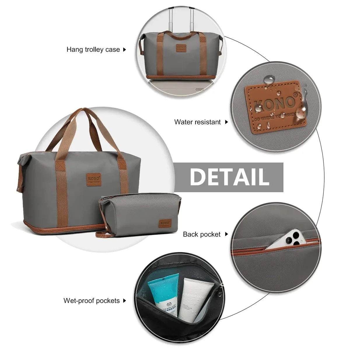 kono-sac cosmétique étanche pour femme et homme, sac de sport séparé, bagage à main et sac à provisions, 36l
