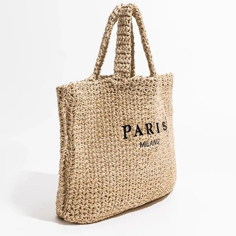 Sac fourre-tout en paille de grande capacité pour femmes, fourre-tout décontracté avec lettres de styliste, sacs à main tissés à la main, sac de plage d'été, grand acheteur, 2024