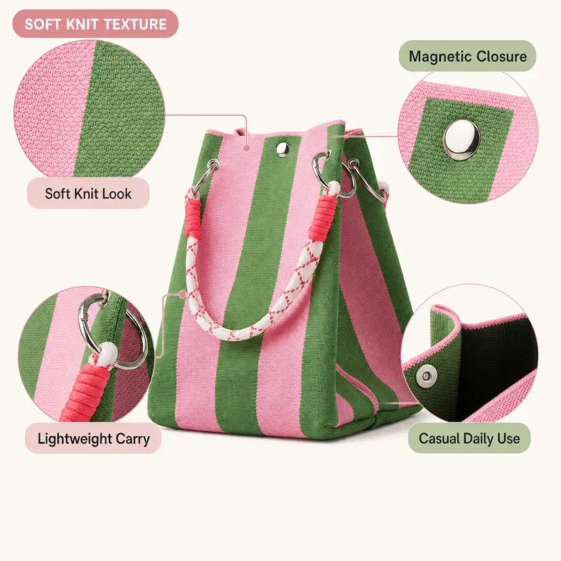 mini sac fourre-tout en tricot style coréen pour femme, sac à main en crochet rayé, sac à bandoulière léger pour l'été, pour les vacances