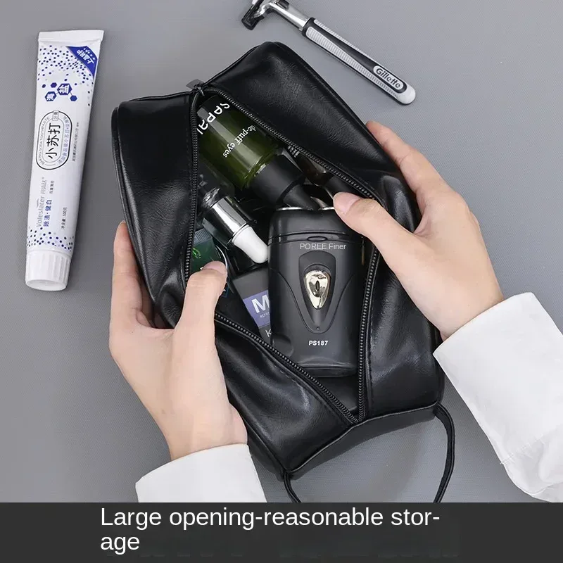 sac de lavage en cuir pour hommes, sac de voyage, voyages d'affaires, sac à cosmétiques portable, grande capacité, conception multi-poches, sac de lavage en cuir