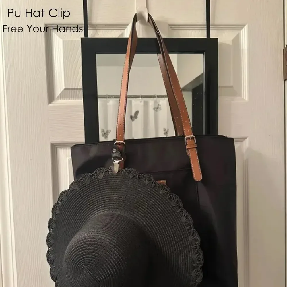 clip chapeau cuir pu noir marron bleu pastel voyage attachement accessoires plage activités extérieures fixation sacoche valise