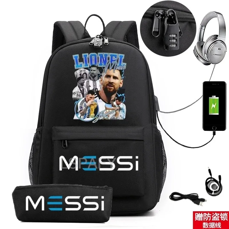 sac à dos messi tendance (lot de 2) – anti-vol, unisexe, simple, pour ordinateur portable, avec port usb, grande capacité, idéal pour les voyages, l'école, les garçons et les filles