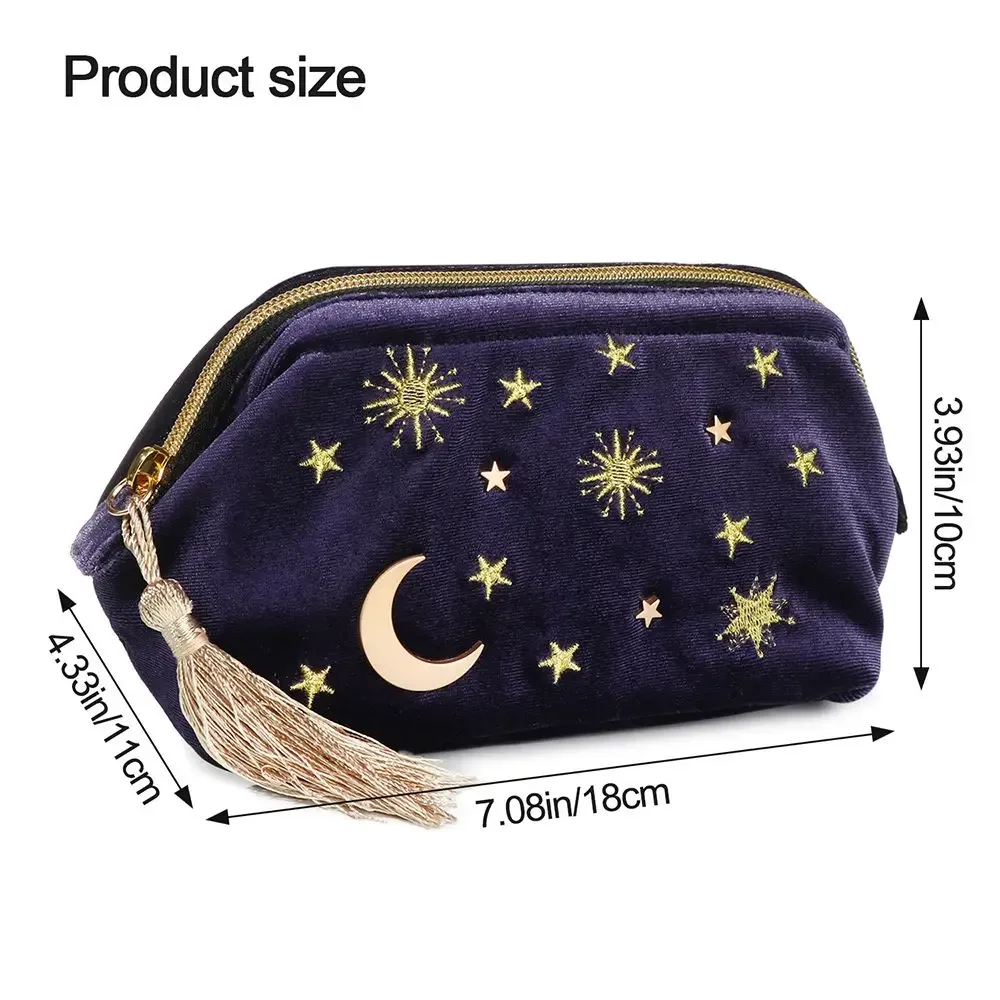 trousse à cosmétiques en velours brodée, motif étoile et lune, trousse de maquillage portable, sac à bijoux exquis, organisateur de voyage, poudres pinceaux