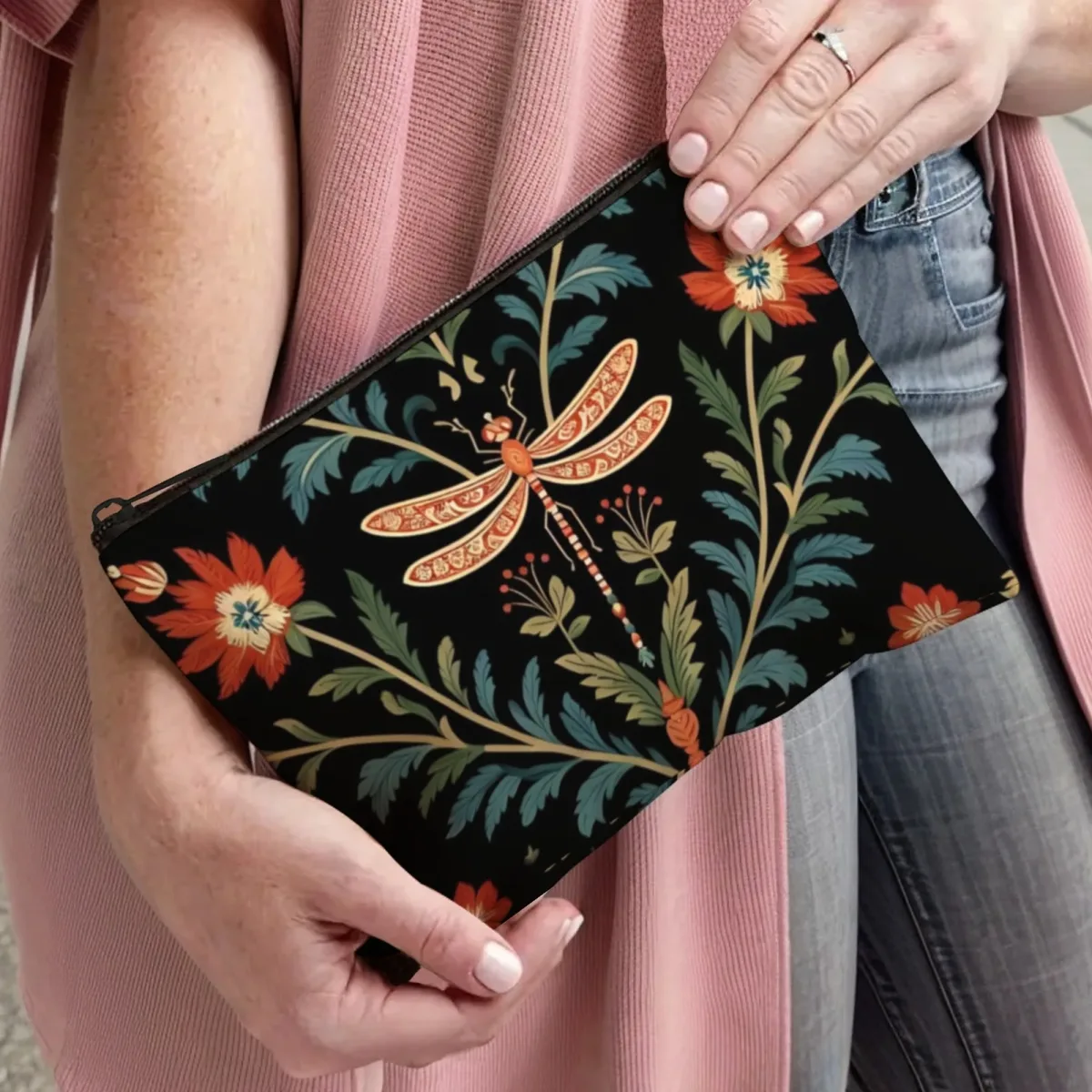 exquis sac de maquillage libellule-floral vert émeraude avec libellules et pivoines en feuille d'or organisateur cosmétique d'élégance vintage