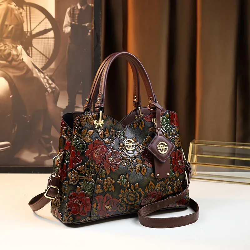 sac à main à motif de fleurs vintage, sac fourre-tout de luxe en cuir pu, sac à bandoulière à la mode pour femmes