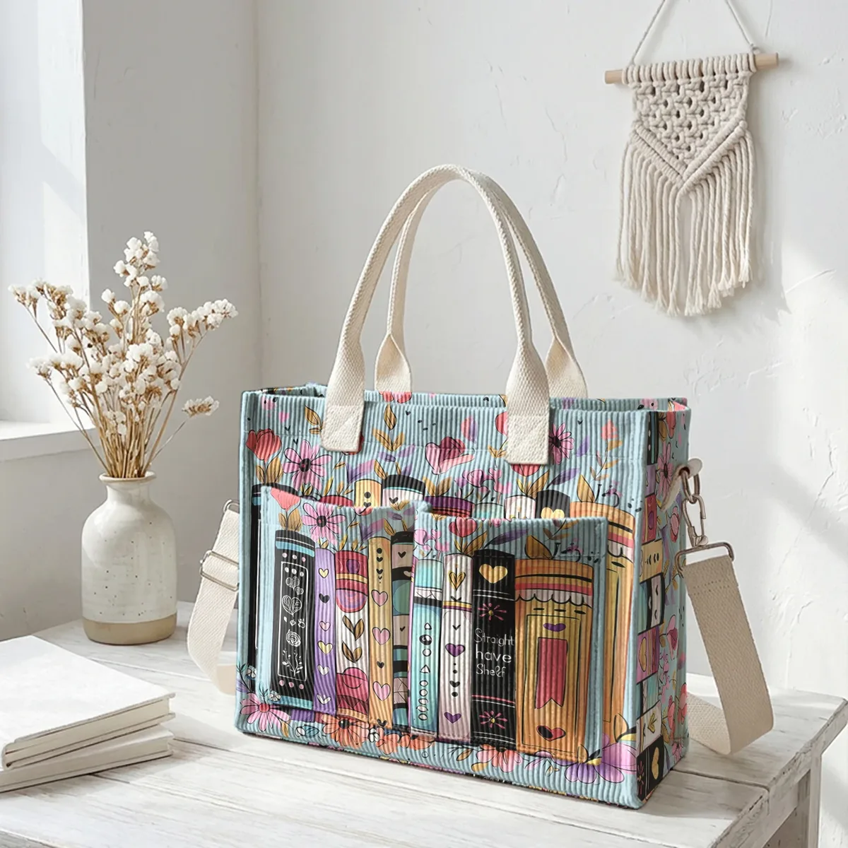 sac fourre-tout en velours côtelé imprimé livres et fleurs colorés, grande capacité, multi-poches, sac à bandoulière pour les trajets quotidiens