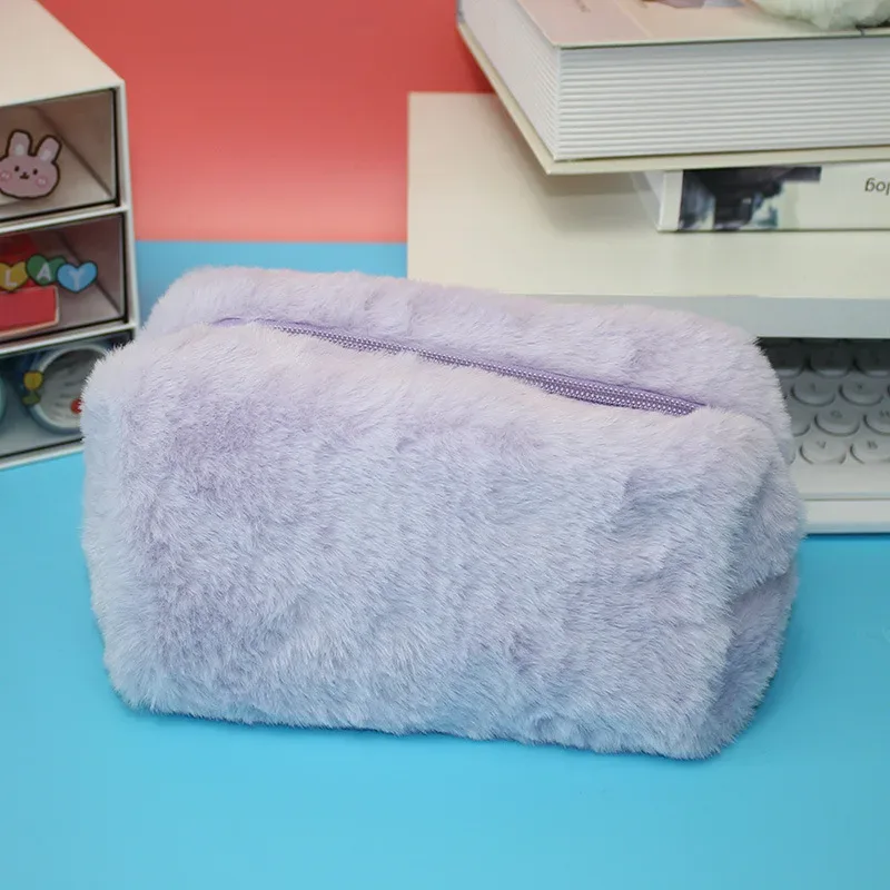 grand sac à cosmétiques de couleur unie à fermeture éclair, trousse de maquillage en fourrure mignonne pour femmes, trousse de toilette de voyage, pochette de lavage, pochette pour stylos en peluche