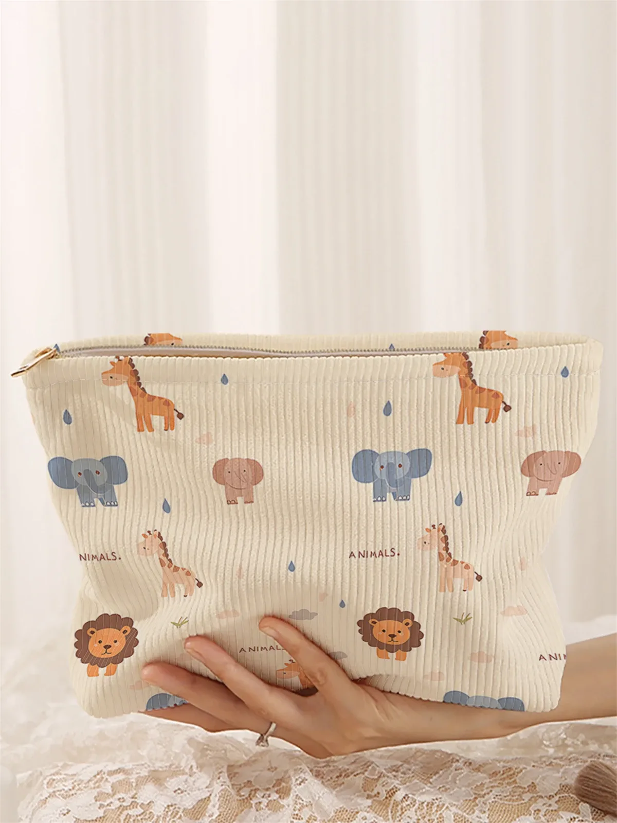 1. trousse de maquillage en velours côtelé à motifs animaliers, boîte de rangement légère à fermeture éclair, sac multifonctionnel avec doublure