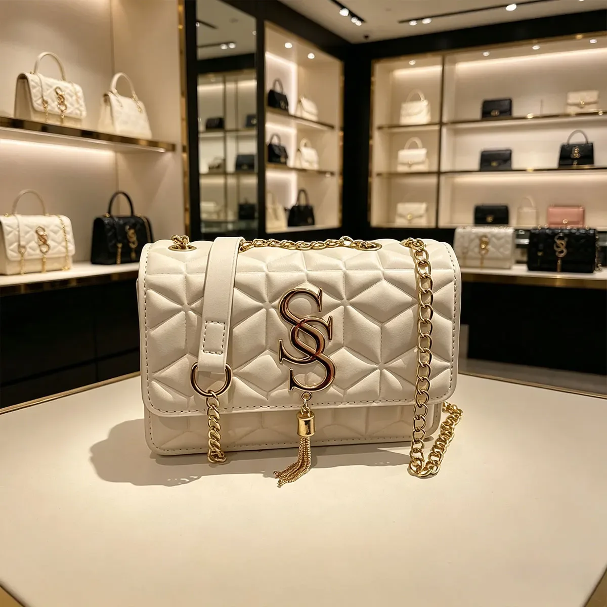 sac carré matelassé argyle élégant et tendance, avec lettres métalliques et pompon, sac bandoulière pour trajets quotidiens