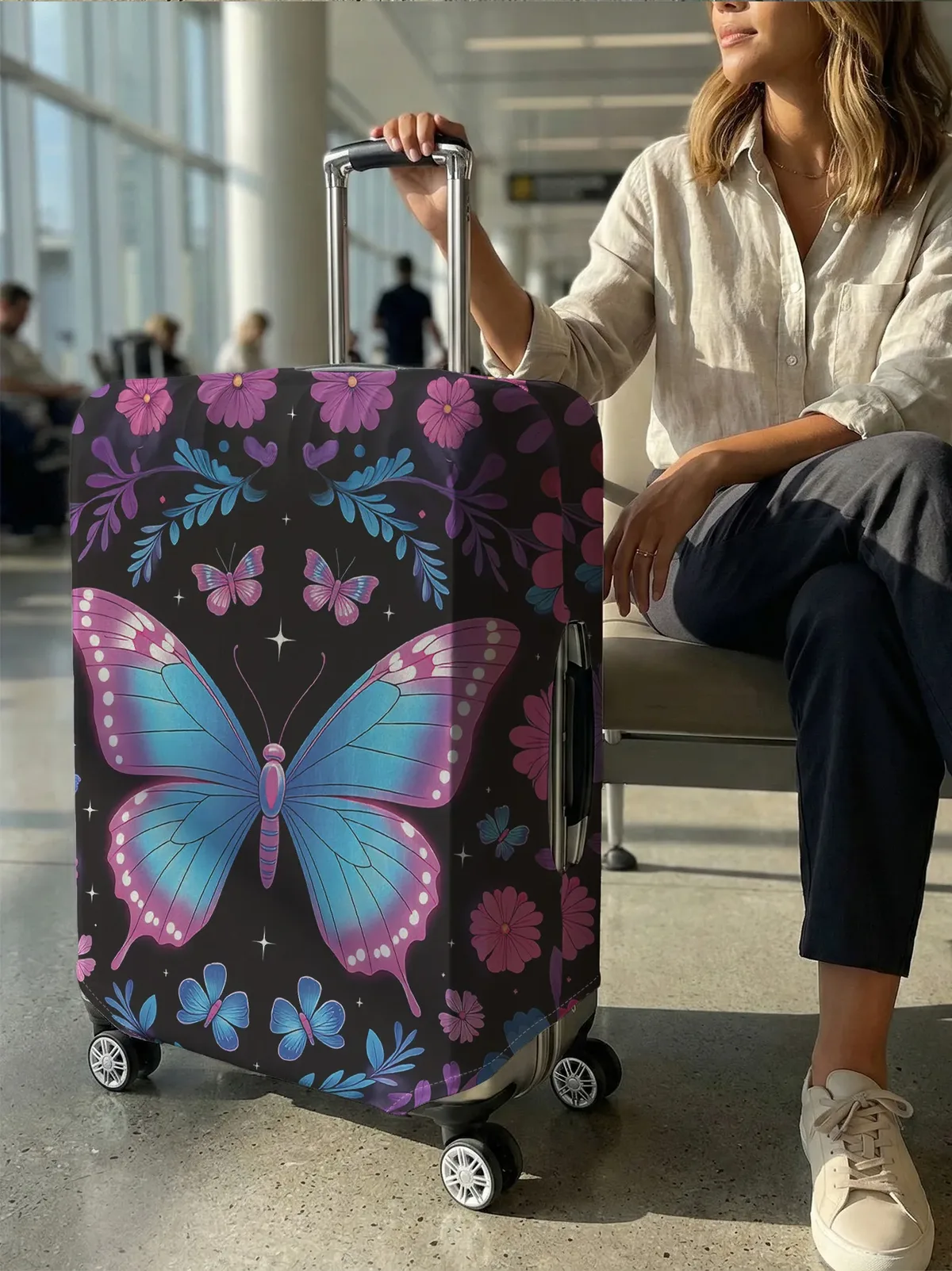 housse de protection pour bagages à motif de fleurs papillon, adaptée aux housses de bagages de 18 à 32 pouces, gants pour poignée de bagage, accessoires de voyage