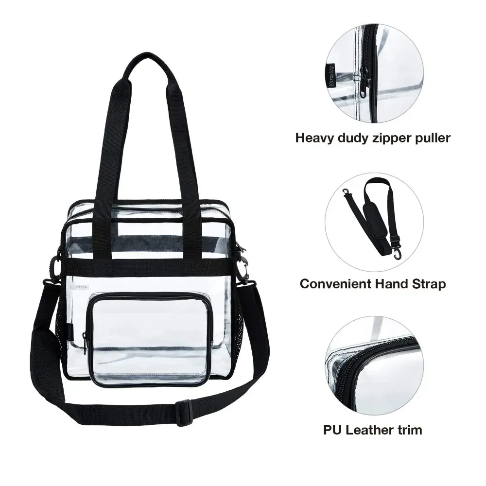 sac fourre-tout transparent en plastique robuste, bandoulière avec poches zippées, passe la sécurité des stades, livraison rapide, pour femmes, travail, concerts