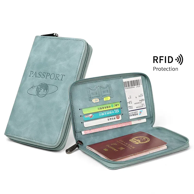 porte-passeport bloquant rfid, portefeuille en cuir pu, couverture de passeport, portable, multifonction, fermeture éclair, pince à billets, accessoire de voyage