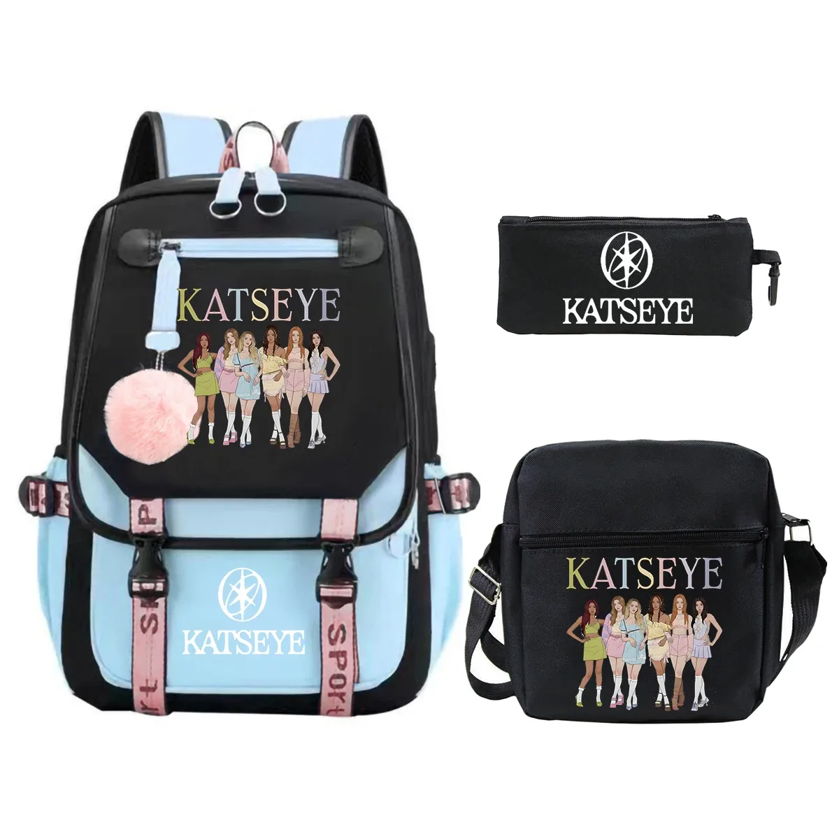 sac dos toile noire bandes violettes accents roses logo katseye dessin animé trousse petit sac bandoulière usage étudiante adolescente voyage école