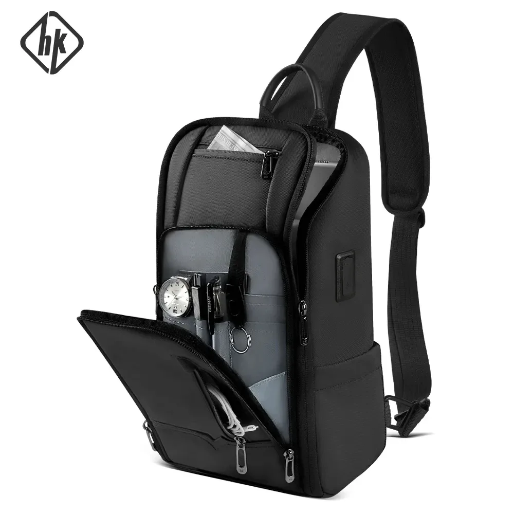 hcankcan mode hommes sac à bandoulière multifonction usb sac à bandoulière étanche sac de messager tendance sport voyage fronde poitrine sac