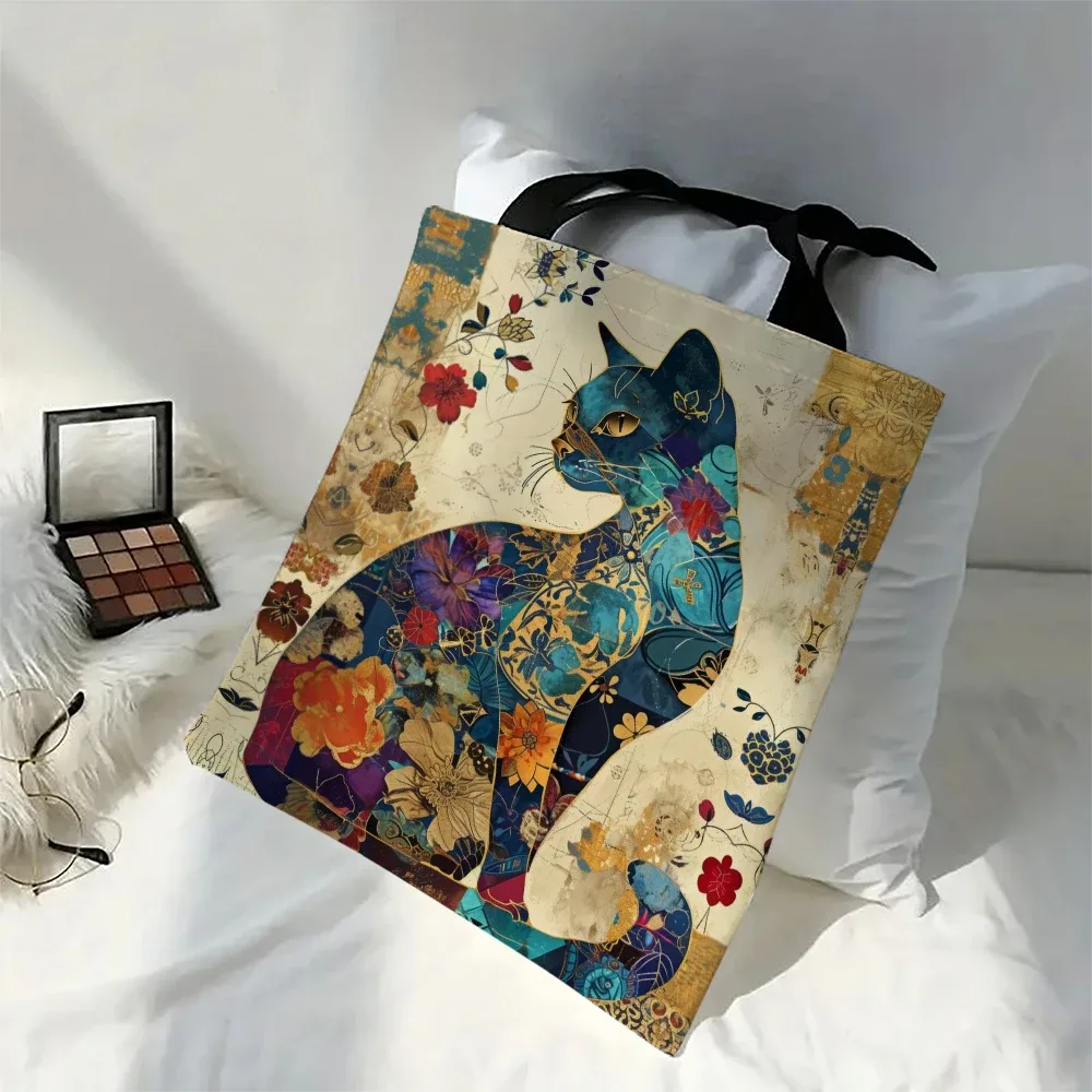 1/5/10 pièces Sac fourre-tout à motif floral de chat, Sac à bandoulière esthétique en toile pour l'école, Sac de courses léger