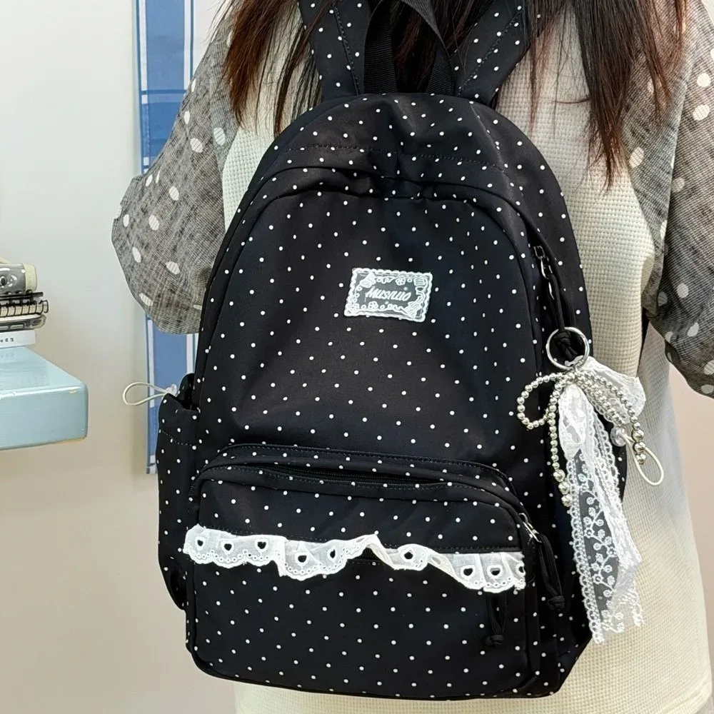 sac à dos de voyage mignon à pois avec dentelle en nylon, cartable d'étudiant multi-poches, grande capacité, sac à dos pour ordinateur portable