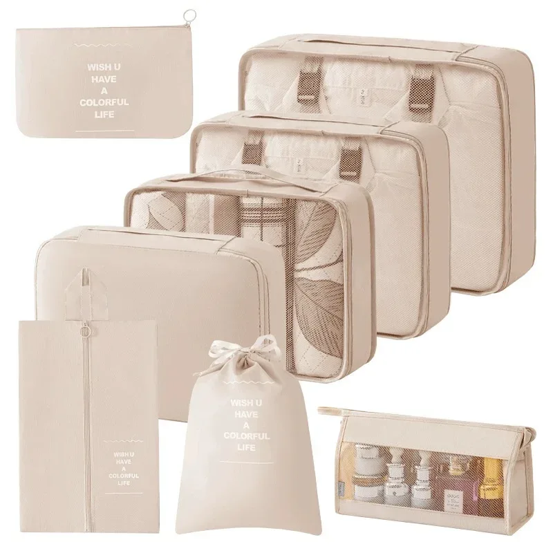 organisateur voyage polyester beige compartiments zippés poches intérieures cube sac compression chaussures pochettes housse vêtements