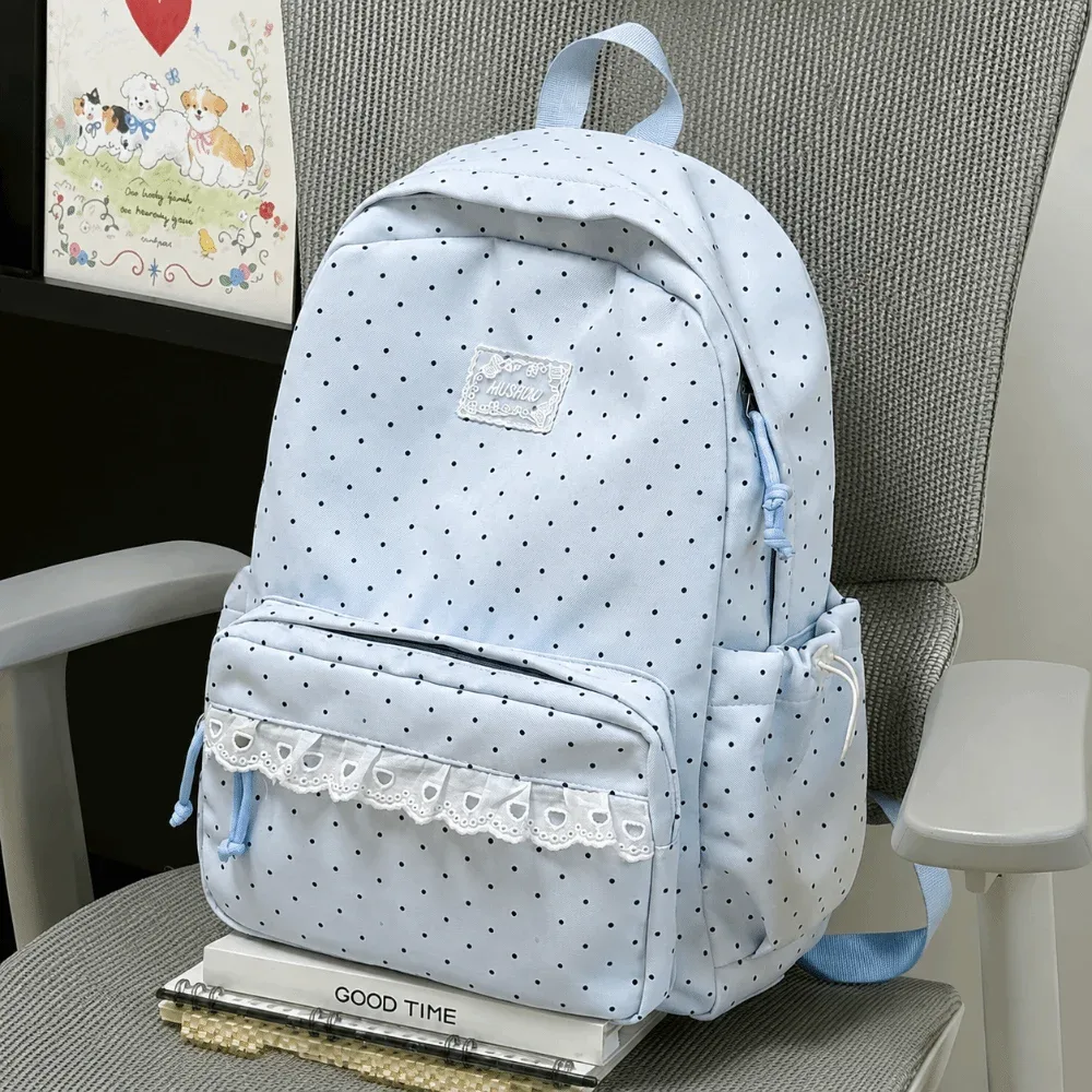 sac à dos de voyage à pois mignon, grande capacité, avec dentelle, cartable d'école pour étudiants, sac à dos en nylon multi-poches pour ordinateur portable