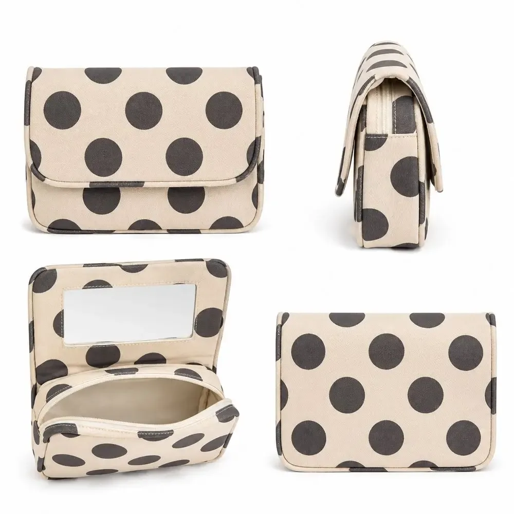 Pochette cosmétique en polyester à motif à pois, fermeture à rabat, pochette de maquillage carrée, multi-compartiments, texture sergée, pochette de rangement de voyage