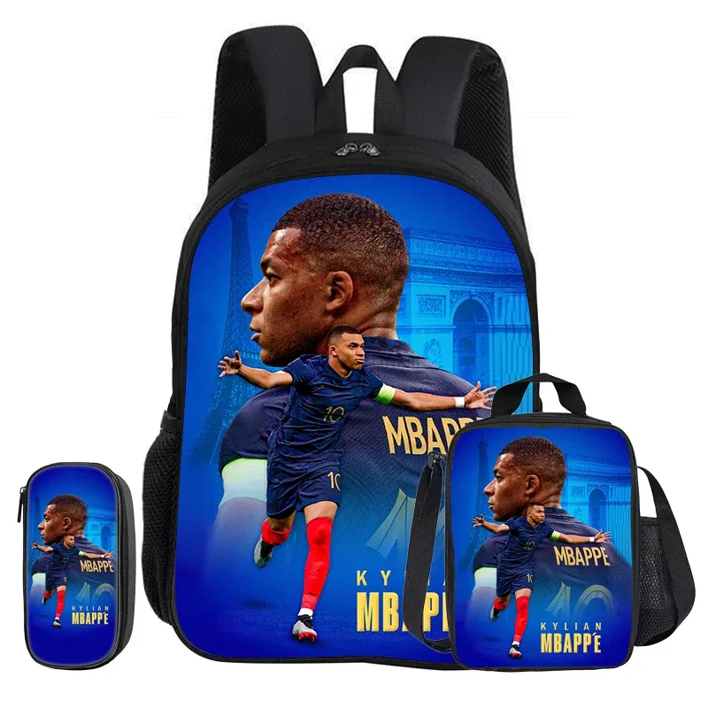m-mbappe – ensemble de 3 pièces, sac à dos d'école, sac à dos pour enfant, étoile du football, sacs à crayons, sac à livres avec sac à déjeuner, sac à dos de sport, cadeau pour enfants
