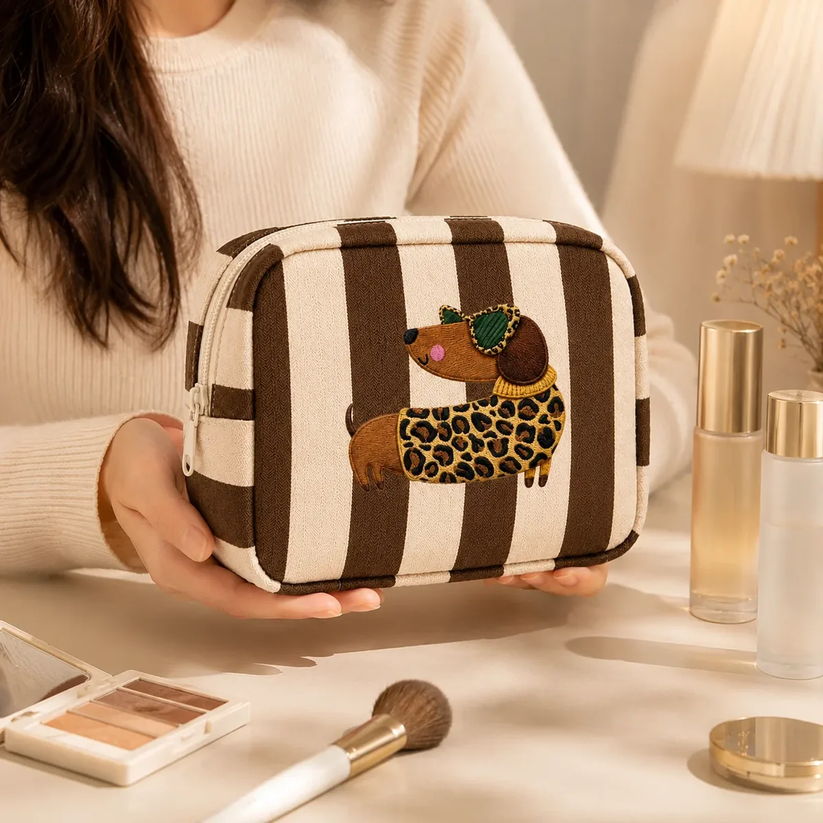 trousse de maquillage marron à rayures teckel grande capacité organisateur de toilette pour femmes voyage essentiels beauté quotidienne