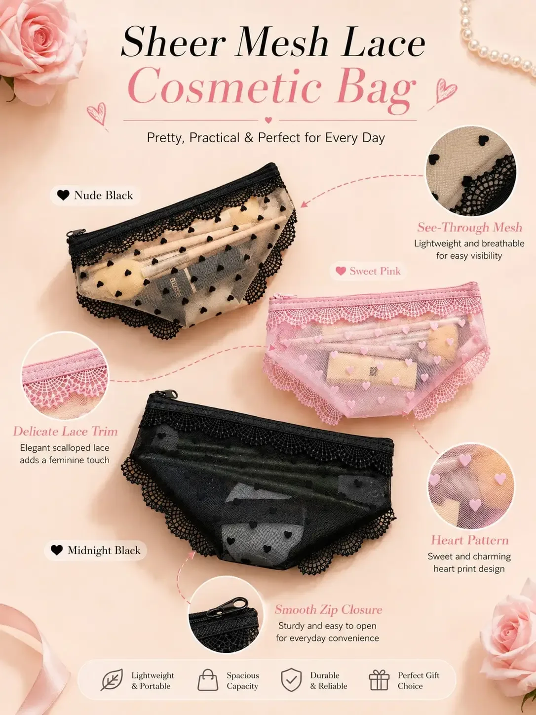pochette de maquillage transparente et sexy en dentelle, pochette de maquillage portable pour voyage, adaptée pour l'eyeliner, les pinceaux de maquillage, le rouge à lèvres, les produits de soin de la peau, les écouteu