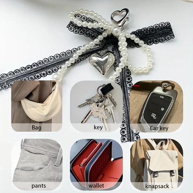 porte-clés nœud en dentelle et perles, nœud en perles pour femme, porte-clés pendentif de sac, porte-clés breloque pour sac à dos, pendentif de sac en forme de cœur, porte-clés à perles, pendentif nœud, accessoires de porte-clés pour cadeaux, portefeuilles, sacs, sacs à dos, sacs à main