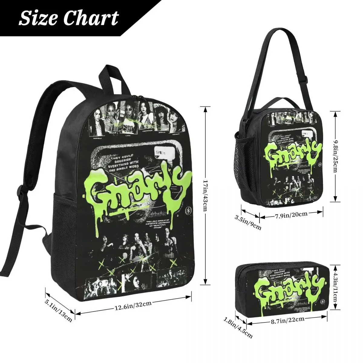 Sac à dos KATSEYE Gnarly de style coréen pour garçons et filles, sac d'école, sac à bandoulière pour ordinateur portable, 3 pièces, sac à lunch isotherme, trousse à crayons