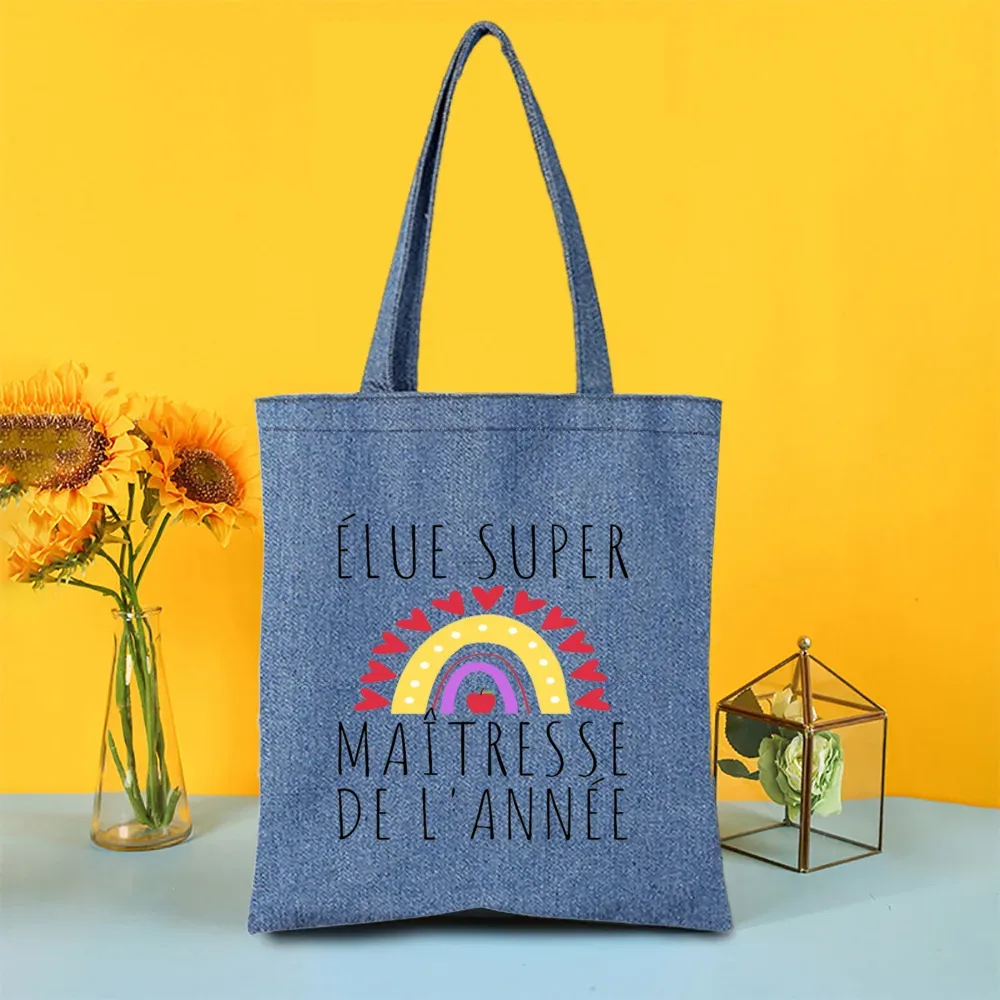sac fourre-tout en jean imprimé super atsem maitresse, sacs de shopping pour femme, sacs de voyage, cadeau de remerciement pour la fête des enseignants et les diplômés