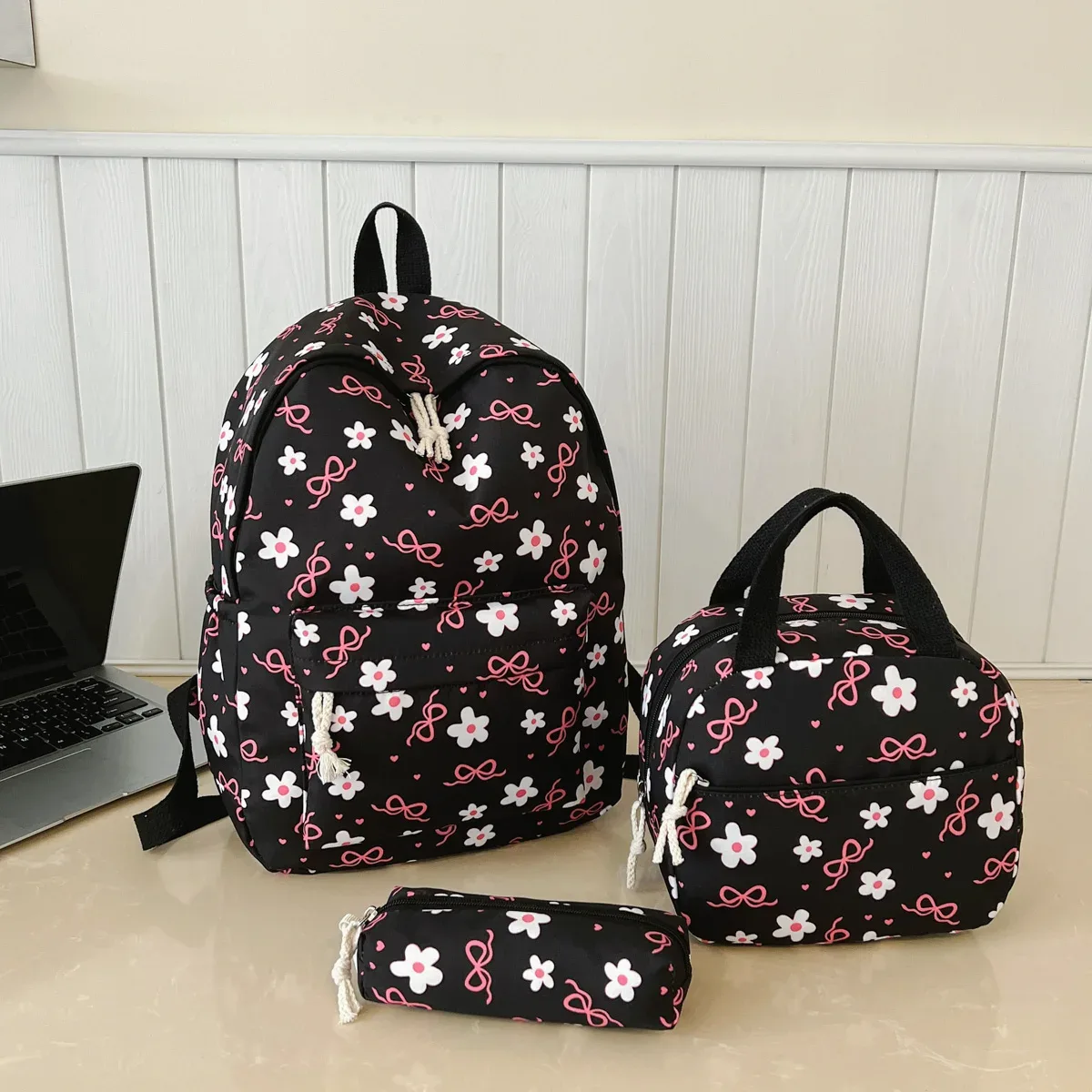 sac à dos trois pièces léger et multifonctionnel pour étudiant, motif floral exquis, grande capacité, idéal pour le campus et les activités de plein air