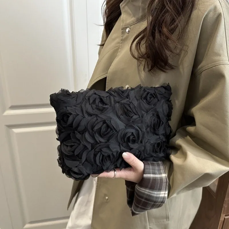 sac de maquillage portable noir pour femmes, grande capacité, dentelle blanche, fleurs, pochette cosmétique, sac à main pour dames, sac de rangement de toilette de voyage