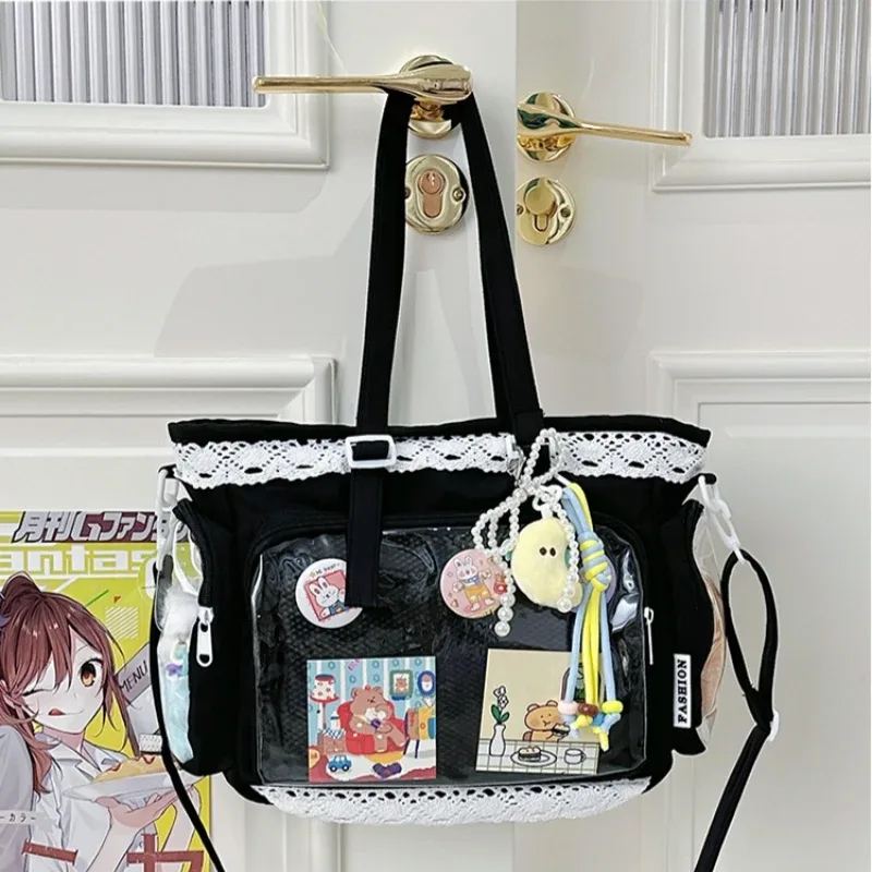 sacs bandoulière style universitaire pour fille, poche transparente, couleur unie, itabag grande capacité, sac à bandoulière en dentelle, pour poupées en coton, tenue quotidienne