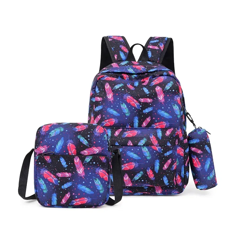 sac dos nylon noir motif géométrique bleu blanc poches lateral zipper usage école voyage