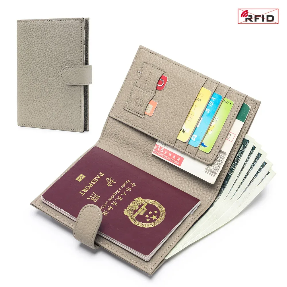 porte-passeport en cuir de vache véritable pour hommes et femmes, portefeuille de voyage avec poche zippée, porte-cartes, portefeuille à deux volets à blocage rfid
