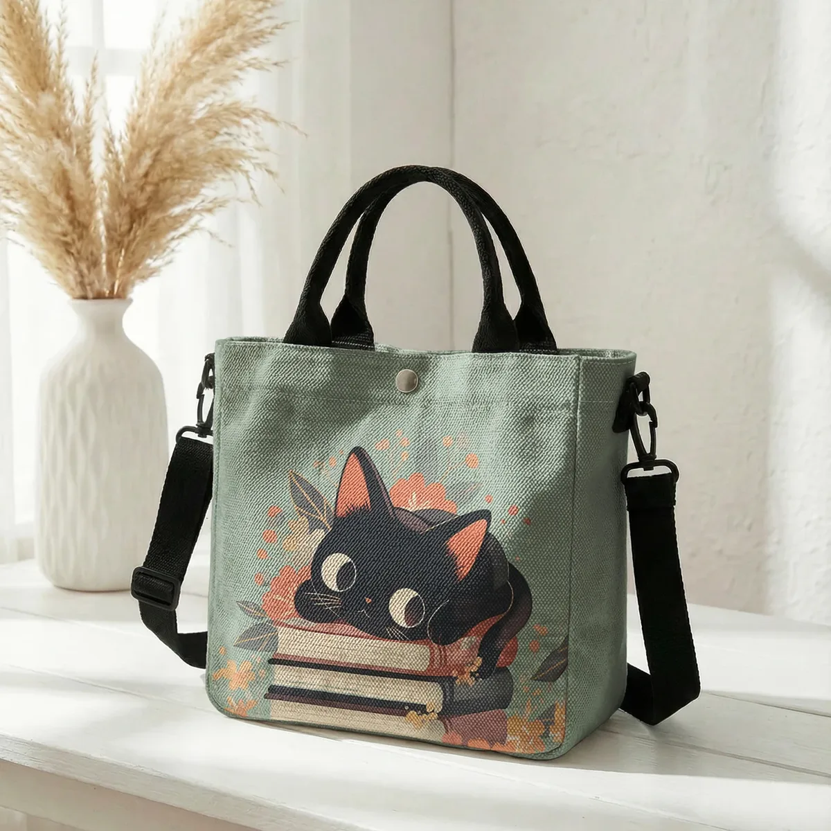 sac fourre-tout à imprimé floral avec chat noir mignon empilé sur des livres, sac à bandoulière détachable pour femme, idéal pour le shopping quotidien